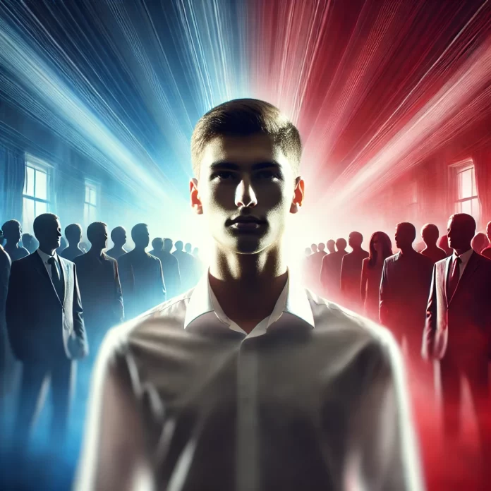 A determined individual standing confidently in front of a divided crowd, symbolizing political and personal accountability. The background features blurred groups on either side, representing division with contrasting blue and red tones, while the central figure embodies calm focus and determination amidst chaos.