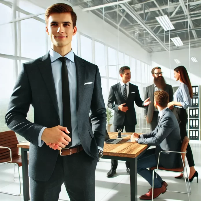 A confident professional shaking hands with a manager in a modern office, symbolizing accountability and leadership. The background features a productive workspace with colleagues collaborating, reinforcing teamwork and responsibility.