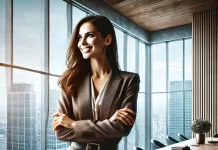 Overcome Imposter Syndrome Today A professional photo of you wearing a stylish blazer, smiling confidently while seated at a modern desk. Your laptop is open in front of you, and a city skyline is visible through a window in the background. The lighting is bright and natural, emphasizing an atmosphere of positivity and progress.