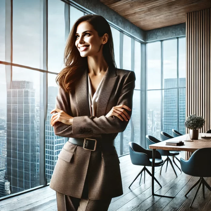 A professional photo of you wearing a stylish blazer, smiling confidently while seated at a modern desk. Your laptop is open in front of you, and a city skyline is visible through a window in the background. The lighting is bright and natural, emphasizing an atmosphere of positivity and progress.