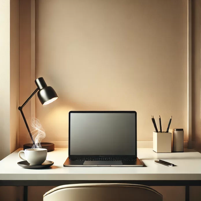 A minimalist workspace with a sleek desk, open laptop, and a steaming cup of coffee, creating a focused and inviting atmosphere.
