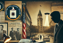 JFK Assassination Files Finally Released A historical collage depicting key moments from the JFK assassination files. A dimly lit 1960s CIA office features classified documents on a desk. A shadowy figure symbolizes espionage, while a silhouette of Lee Harvey Oswald is seen under surveillance. In the background, Dealey Plaza in Dallas is recreated with JFK’s motorcade passing through, evoking an investigative and mysterious atmosphere.