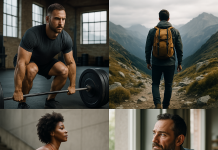 Short Quotes for Unstoppable Personal Growth A compilation of four high-quality photographs arranged in a 2x2 grid, symbolizing personal growth and resilience. The images include a focused weightlifter in a gym, a lone hiker pushing forward on a rugged mountain trail, a determined woman climbing stairs in an urban setting, and a man sitting at a table, deep in thought. Each image captures moments of determination, effort, and progress, highlighting the journey of self-improvement.