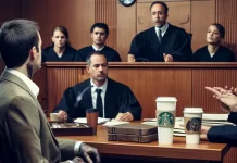 Starbucks Ordered to Pay $50M in Lawsuit A courtroom scene where a man with visible burn scars on his lap sits in the witness stand. Lawyers passionately argue while the judge listens intently. A Starbucks cup with steam rising sits on the evidence table, and the jury looks concerned as they observe the trial.