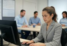 Time Blocking Boosts Productivity Fast A person in a grey blazer sits at a desk in a modern office, focused on typing at a computer. In the background, three people are seated at a table in a meeting, with a large calendar on the wall, suggesting a time-blocked schedule. The office environment is bright and professional, with natural light streaming in