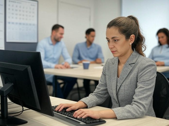 A person in a grey blazer sits at a desk in a modern office, focused on typing at a computer. In the background, three people are seated at a table in a meeting, with a large calendar on the wall, suggesting a time-blocked schedule. The office environment is bright and professional, with natural light streaming in